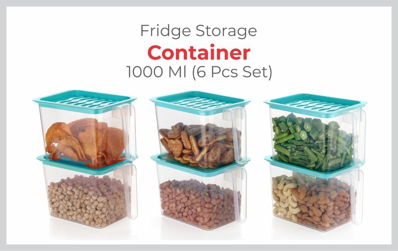 Fridge storage containers - jar Set Plastic Refrigerator Box with Handles 1000 ml (Pack of 6, Blue) - DREAMZCART